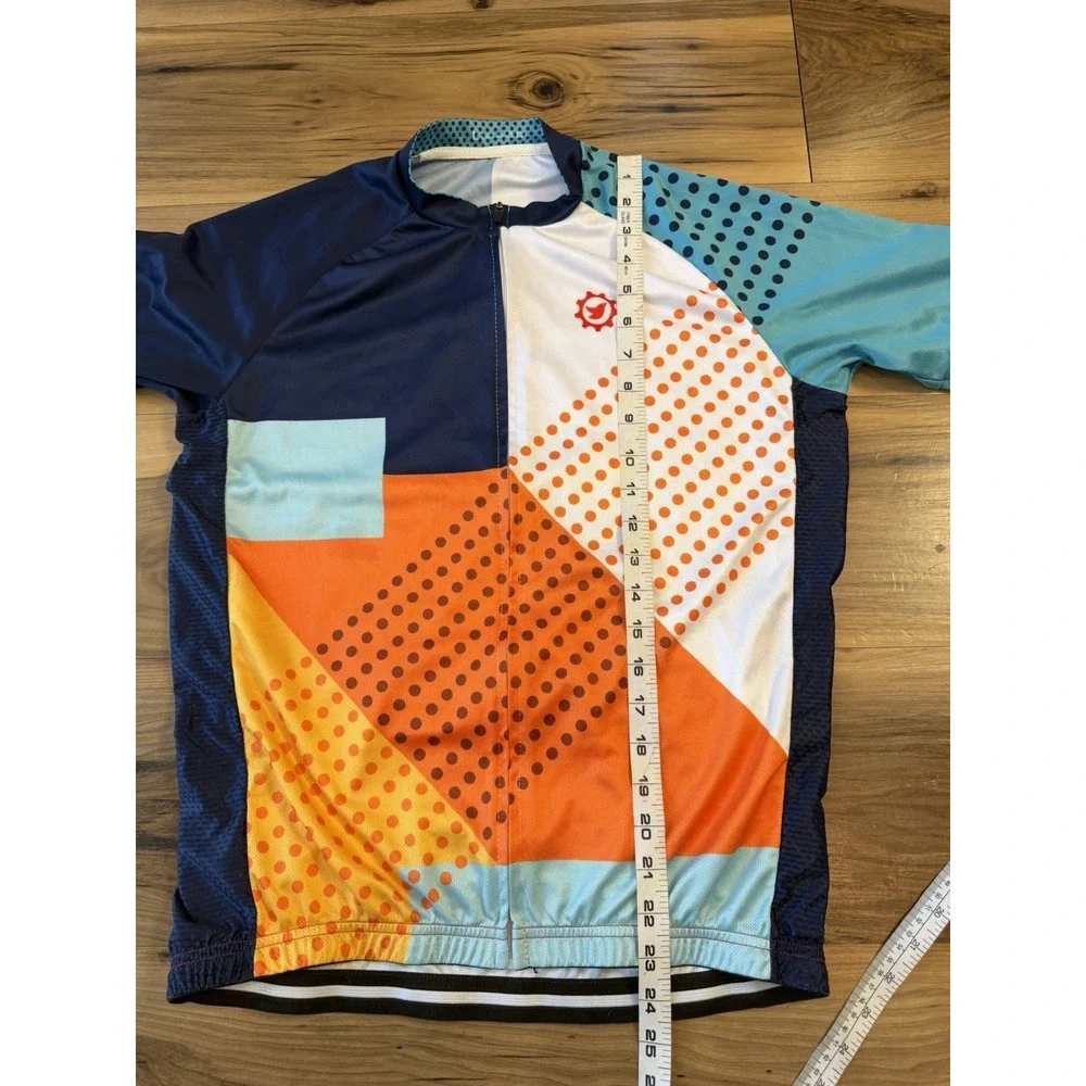 Cycling Jersey Men's Large Blue Orange Geometric Full Zip Bike Shirt Race Top - Picture 4 of 6
